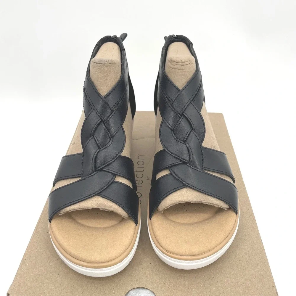 Clarks Jillian Bright Sandals Womens 7.5 Black Leather Wedge Braided Chic Trendy